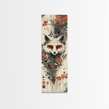 Fox Head Amidst Red Flowers On Textured Background Skinny Art Wood Block Print Framed Canvas Print
