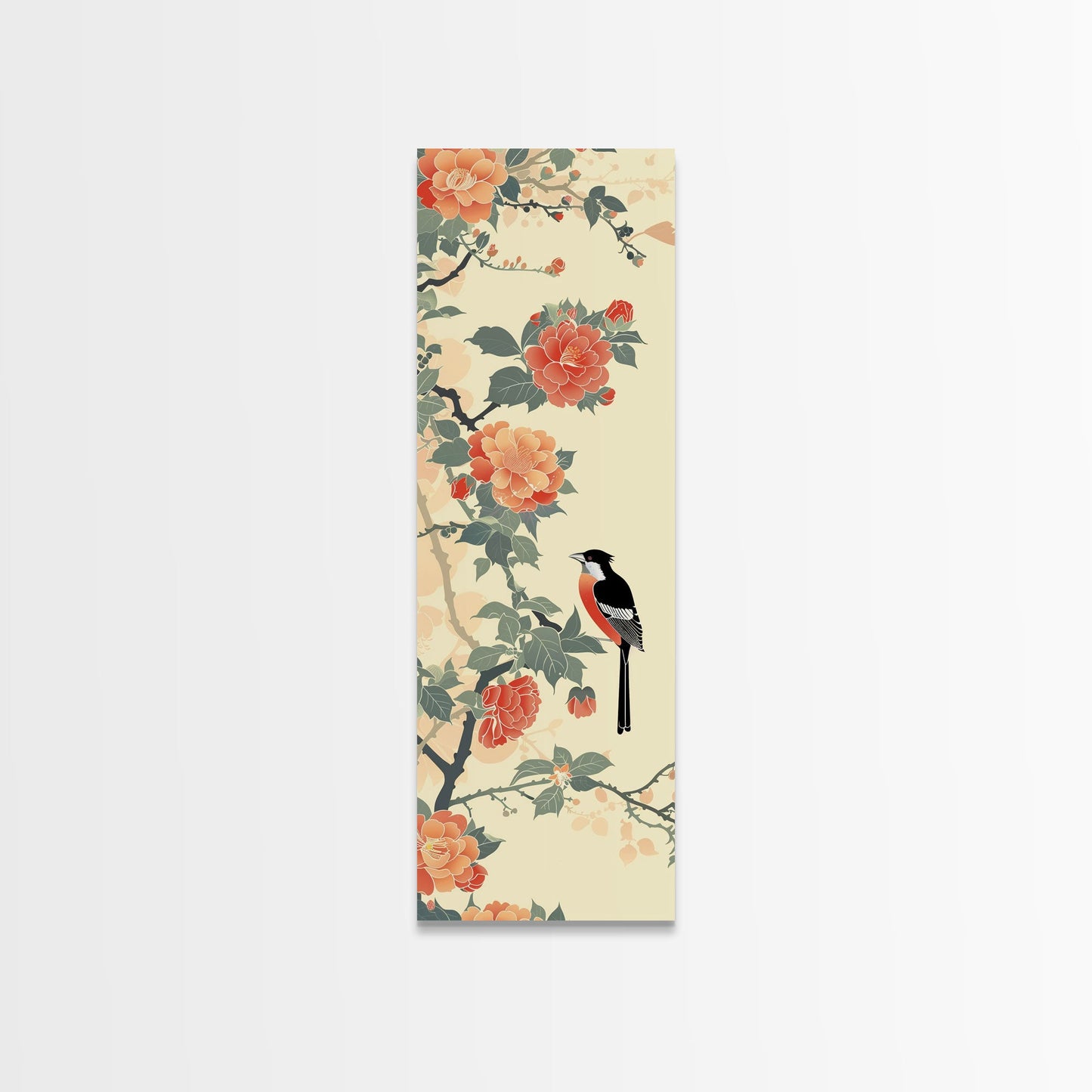 Bird Among Camellia Flowers On Light Background Skinny Art Ukiyo-e Wood Block Print Framed Canvas Print