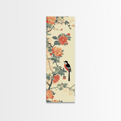 Bird Among Camellia Flowers On Light Background Skinny Art Ukiyo-e Wood Block Print Framed Canvas Print
