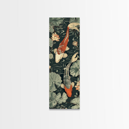 Koi Fish Swimming Gracefully Among Lotus Flowers – Framed Canvas Print Highlighting Skinny Art And Tall Art In Ukiyo-E Art And Japanese Style Art