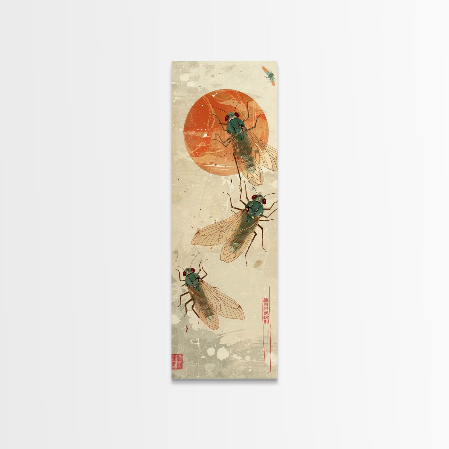 Detailed Depiction Of Cicadas Against Warm Sunset Background Ukiyo-e Skinny Tall Wood Block Framed Canvas Print Japanese Style Art