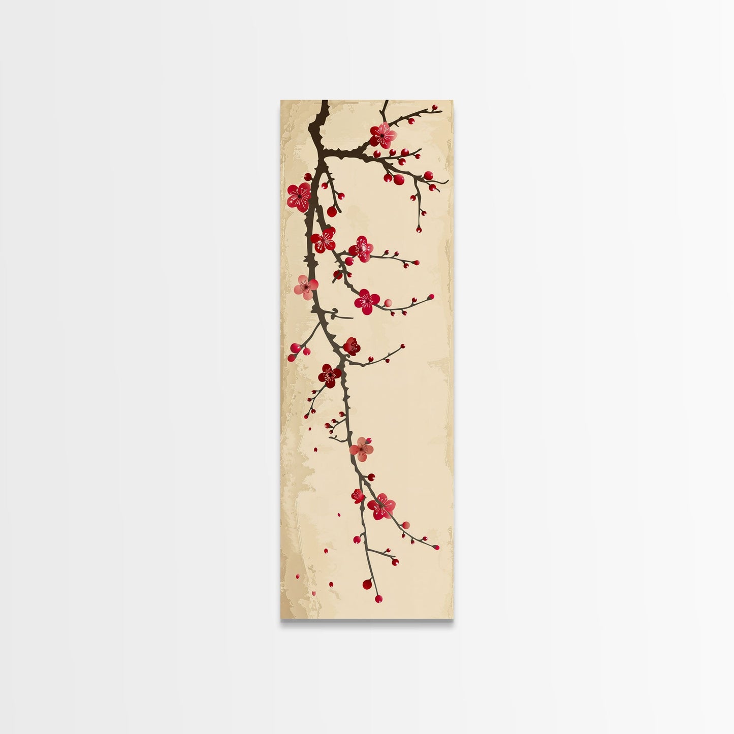 Minimalist Branch Of Red Cherry Blossoms Against Beige Background For Asian-Inspired Wall Art Decor Framed Canvas Print