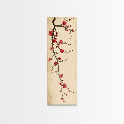 Minimalist Branch Of Red Cherry Blossoms Against Beige Background For Asian-Inspired Wall Art Decor Framed Canvas Print