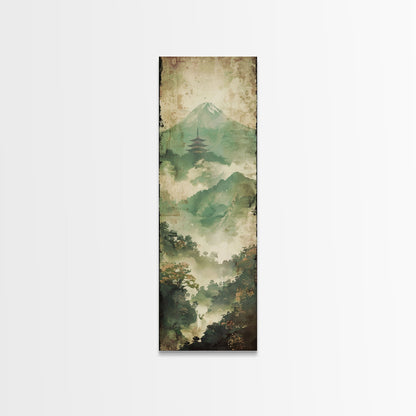 Skinny Art Tall Art Framed Canvas Print Japanese Style Art Foggy Mountain Temple Landscape Wood Block Print Ukiyo-e Feng Shui Wall Art
