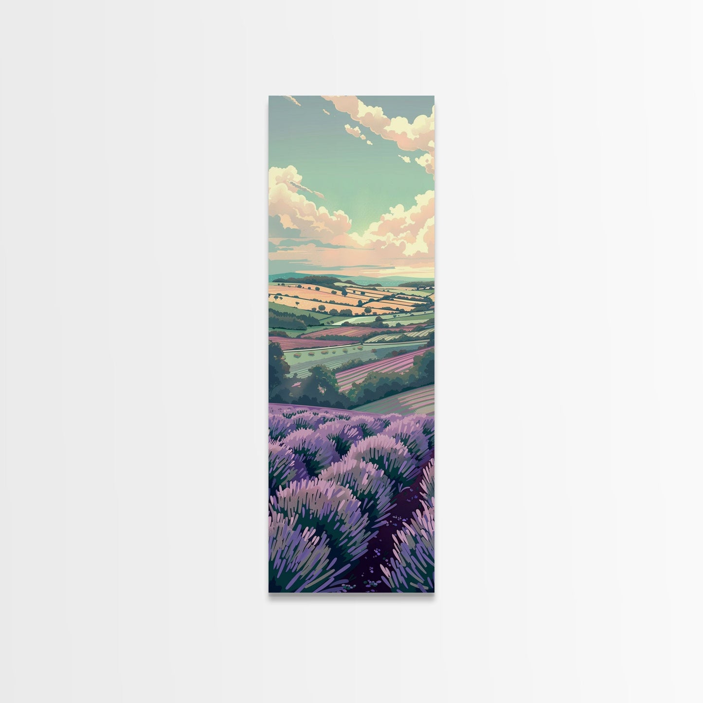 Lavender Fields With Rolling Hills - Skinny Art Tall Art Framed Canvas Print Japanese Style Art Ukiyo-e Art