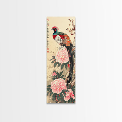 Majestic Pheasant Among Blossoms And Red Berries In Traditional Ukiyo-e Art Framed Canvas Print Japanese Style Skinny Art Tall Art