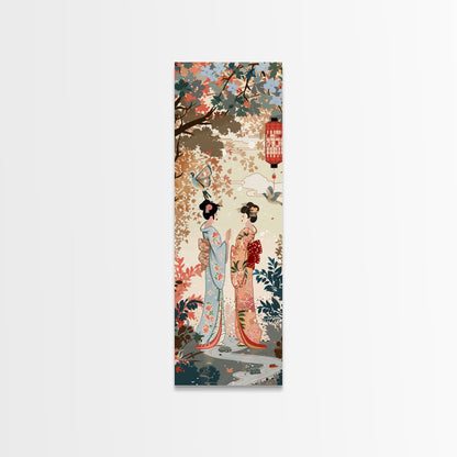 Traditional Geishas Skinny Art Tall Art Japanese Ukiyo-e Inspired Framed Canvas Print for Elegant Home and Office Decor