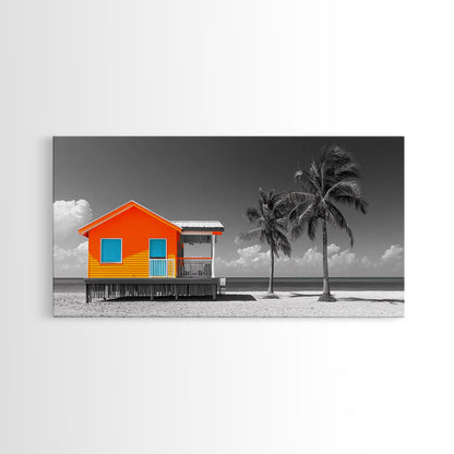 Bright Beach House Framed Canvas Print | Coastal Landscape Art | Nautical Wall Art | Coastal Decor | Extra Wide Art | Tropical Beach Art