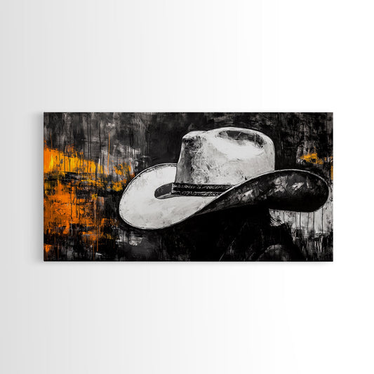 Cowboy Hat, black cowgirl painting, rustic art, vintage western, moody art, country decor, farmhouse wall art, Framed Canvas Print, southwest