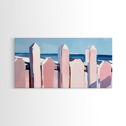 Beach Fence Painting, Coastal Landscape Art, Nautical Wall Decor, Soft Pastel Colors, Framed Canvas Print, Extra Wide Art, Seaside Home