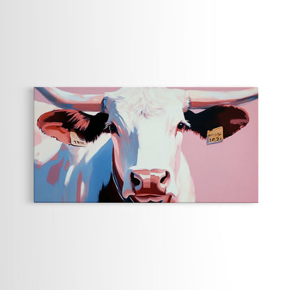 Texas Longhorn, Rustic Wall Art, Bull and Bear Art, Southwest Wall Art, Extra Wide Art, Pink Orange Wall Art, Canvas Print, Farmhouse Art