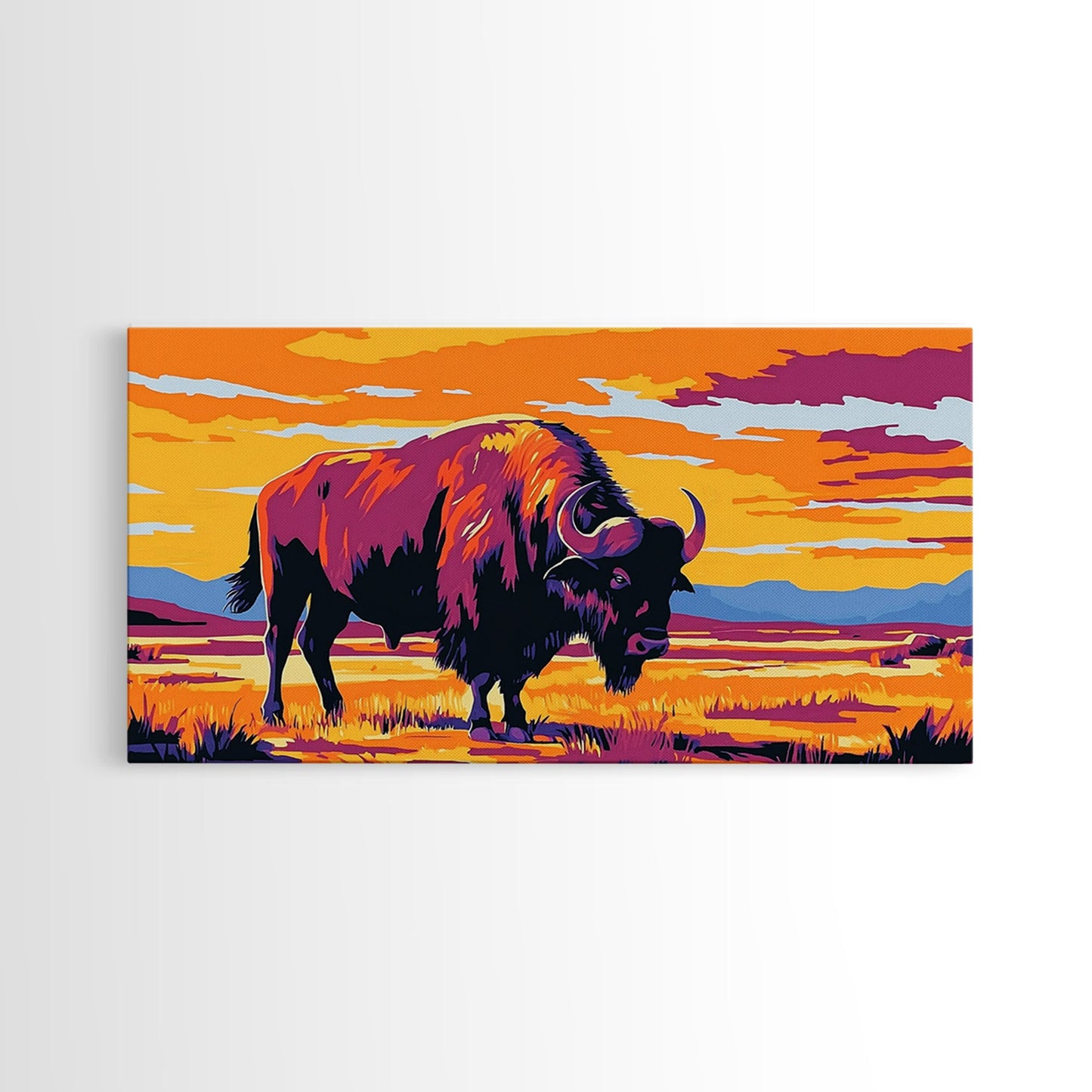 Bison Prairie, rustic art, southwest wall art, landscape painting, extra wide art, panoramic painting, farmhouse art, Framed Canvas Print