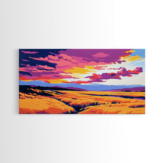 Golden Meadow, landscape painting, farmhouse art, moody art, above bed wall art, wabi sabi art, extra wide art, framed canvas print