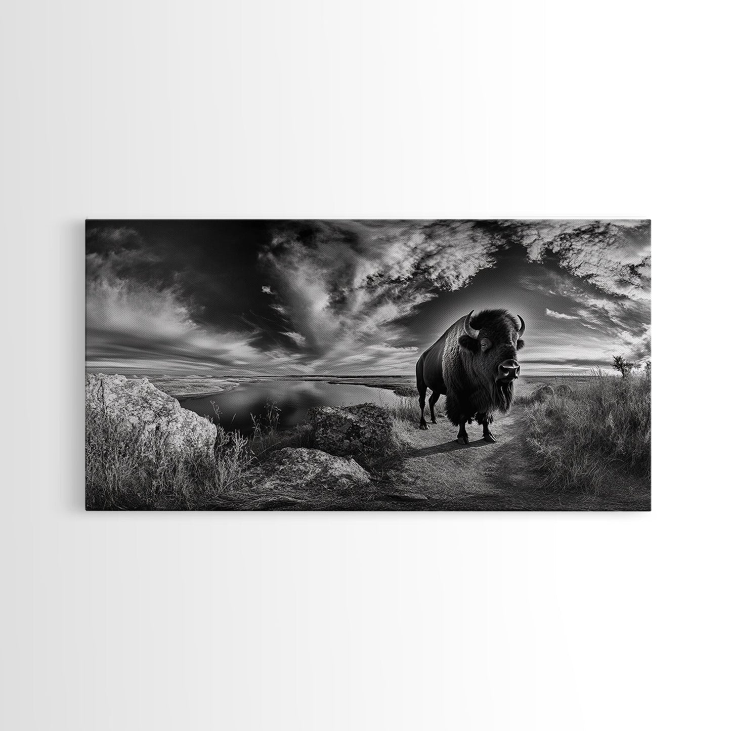 Bison Landscape, Southwest Wall Art, Rustic Wall Art, Moody Art, Panoramic Art, Extra Wide Art, Nature Wall Art, Framed Canvas Print