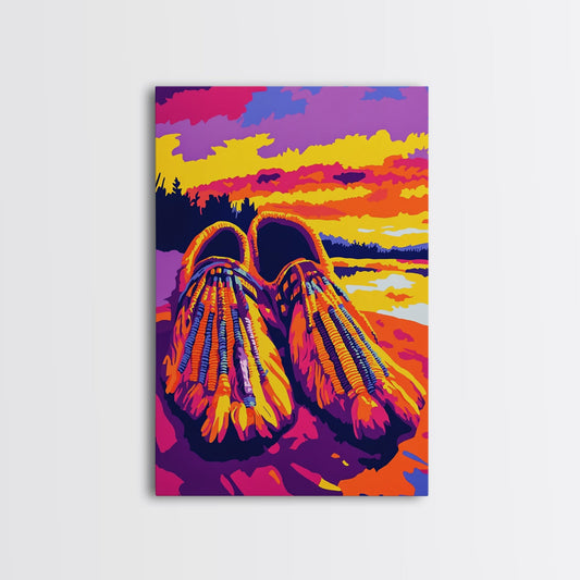 Beaded Moccasins Art, Southwest Wall Art, Pink Orange Wall Art, Boho Western Art, Framed Canvas Print, Rustic Home Decor