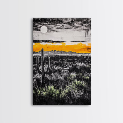 Cactus Sunset, black and white, moody desert art, yellow skyline, Joshua tree art, framed canvas print, extra wide art, rustic decor