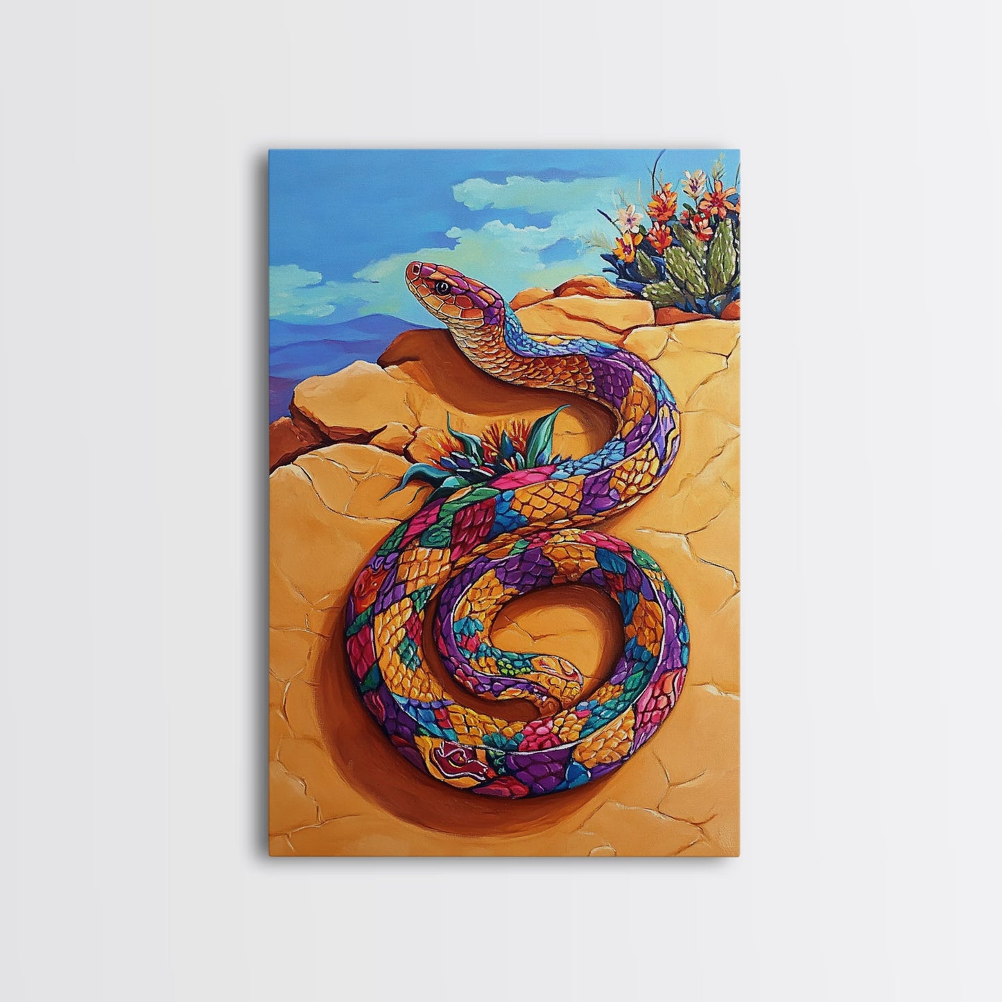 Coiled Snake, Vibrant Snake Art, Desert Landscape, Wildlife Art, Southwest Wall Art, Unique Decor, Framed Canvas Print
