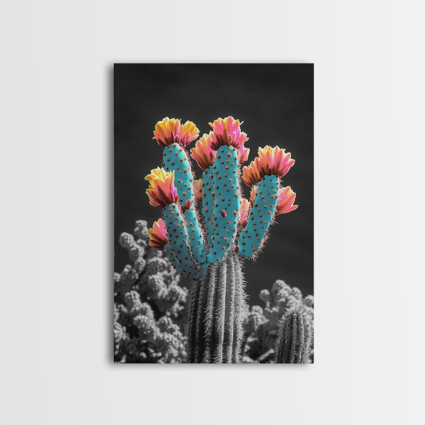 Cactus, desert flowers, vibrant nature art, framed canvas print, boho wall decor, southwest wall art, floral painting, Joshua tree art
