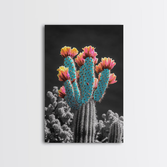 Cactus, desert flowers, vibrant nature art, framed canvas print, boho wall decor, southwest wall art, floral painting, Joshua tree art