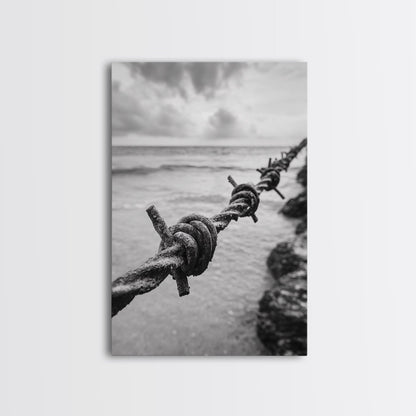 Barbed Wire, ocean view, rustic decor, coastal cowgirl wall art, wabi sabi art, moody photography, framed canvas print, minimalist art