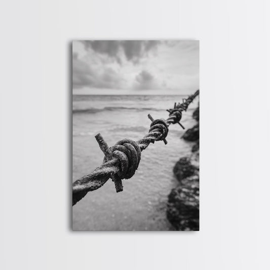 Barbed Wire, ocean view, rustic decor, coastal cowgirl wall art, wabi sabi art, moody photography, framed canvas print, minimalist art