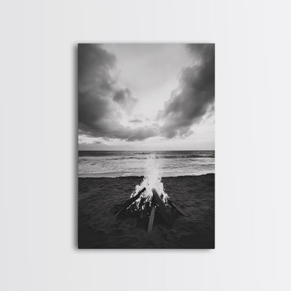 Beach Bonfire, coastal landscape art, rustic decor, moody art, dramatic seascape, black and white, framed canvas print, nautical wall art