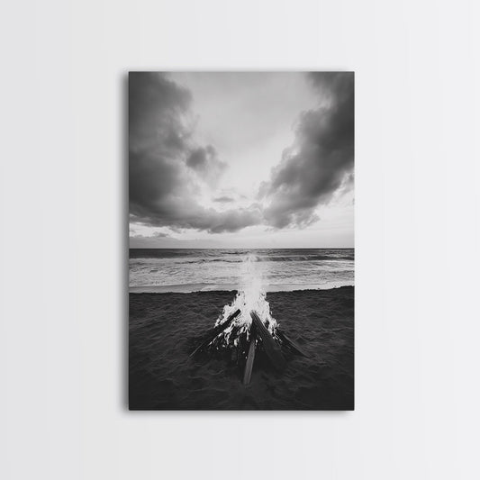 Beach Bonfire, coastal landscape art, rustic decor, moody art, dramatic seascape, black and white, framed canvas print, nautical wall art