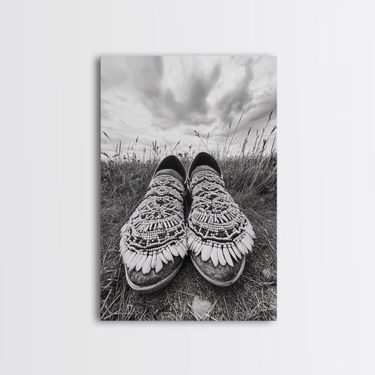 Beaded Boots, western decor, vintage horse art, rustic cowgirl, Joshua tree art, framed canvas print, minimalist black and white, moody art