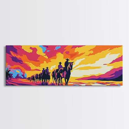 Cowboy Trail, sunset painting, southwest wall art, western decor, gift idea, extra wide art, panoramic painting, canvas print, rustic art