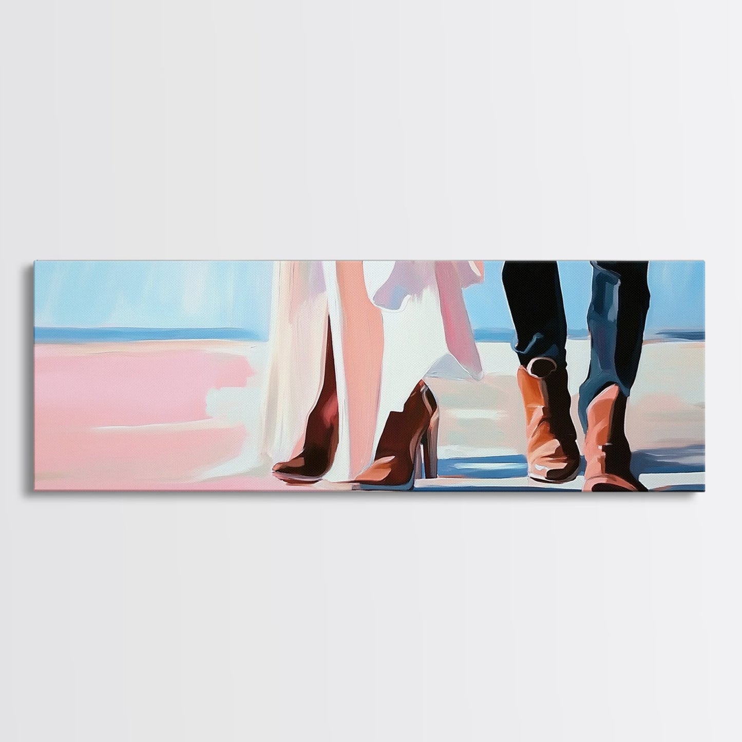 Beach Wedding Art, cowboy boots painting, coastal decor, coastal cowgirl wall art, extra wide art, framed canvas print, horizontal wall art