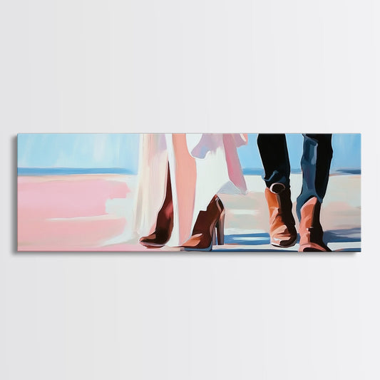 Beach Wedding Art, cowboy boots painting, coastal decor, coastal cowgirl wall art, extra wide art, framed canvas print, horizontal wall art