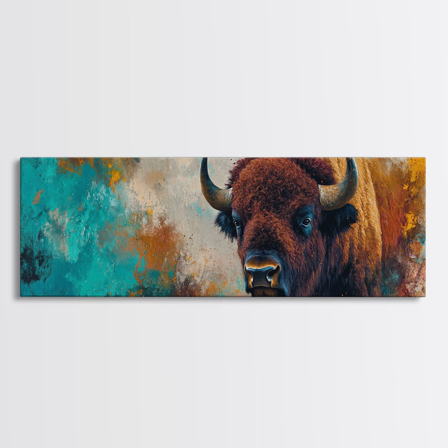 Bold bison painting, teal and orange art, rustic wall art, farmhouse decor, boho art, extra wide western painting, canvas print