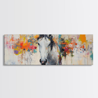 Weißes Pferd, abstrakte Kunst, stimmungsvolle Motive, rustikaler Stil, impressionistisches Pferd, gerahmter Leinwanddruck, extra breites Bild, moderne Landhauskunst
