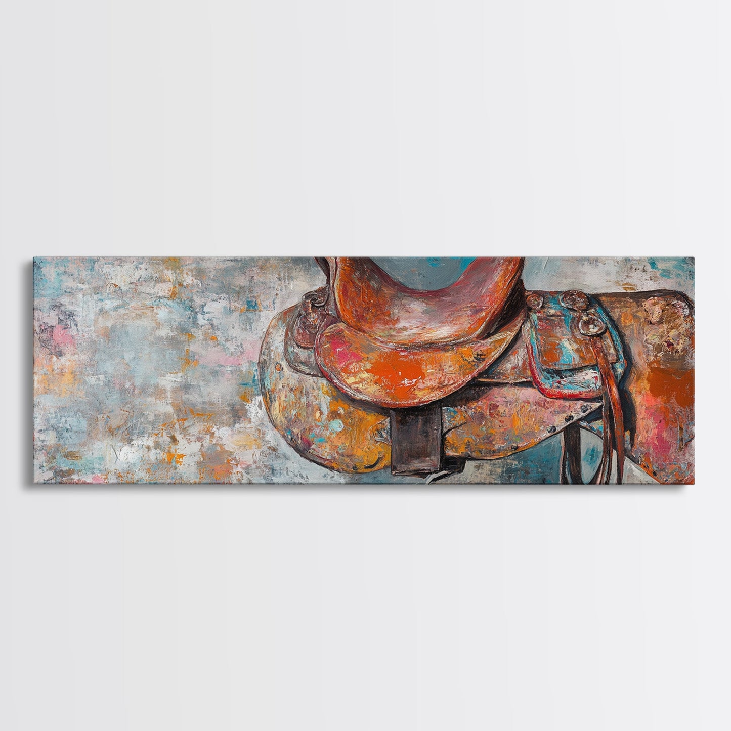 Abstract Saddle, horse wall art, abstract art, rustic decor, extra wide art, framed canvas print, above sofa art, living room decor