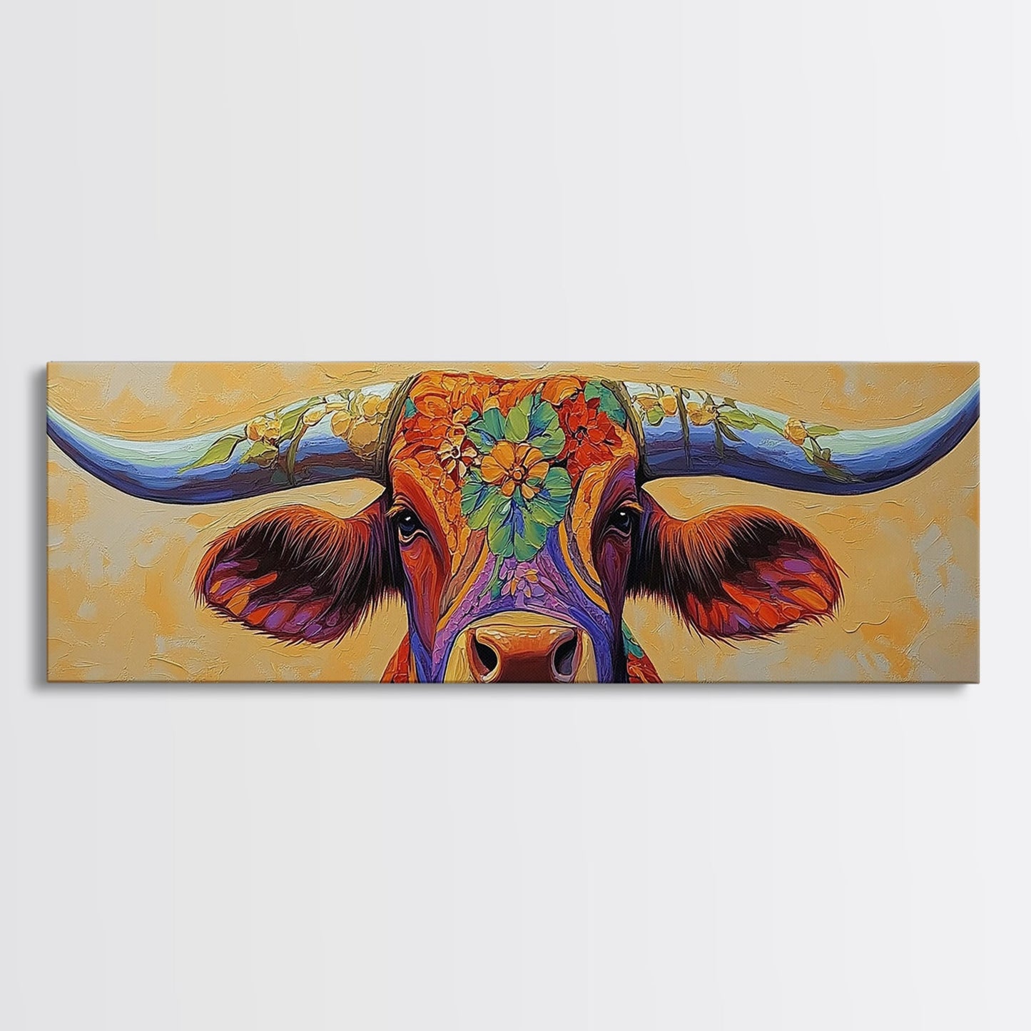 Floral Longhorn Art, Southwestern Wall Art, Texas Cow Art, Rustic Farmhouse Decor, Boho Art, Framed Canvas Print, Moody Art