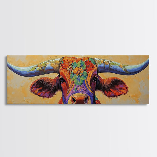 Floral Longhorn Art, Southwestern Wall Art, Texas Cow Art, Rustic Farmhouse Decor, Boho Art, Framed Canvas Print, Moody Art
