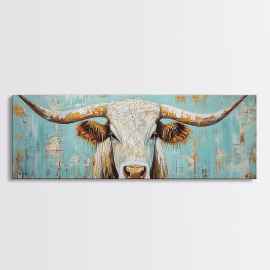 Texas Longhorn Portrait, Rustic Farmhouse Art, Boho Wall Art, Wabi Sabi Art, Vintage Horse Art, Framed Canvas Print, Moody Art