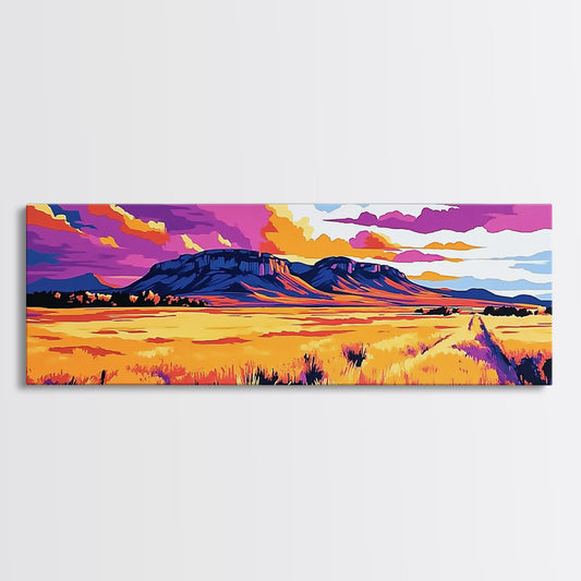 Vibrant mountain, pink orange wall art, Joshua tree art, geometric wall art, panoramic art, framed canvas print, landscape painting