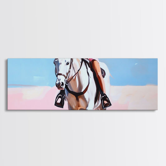 White horse, coastal cowgirl wall art, vintage horse art, pastel art, extra wide art, framed canvas print, rustic decor, boho wall art