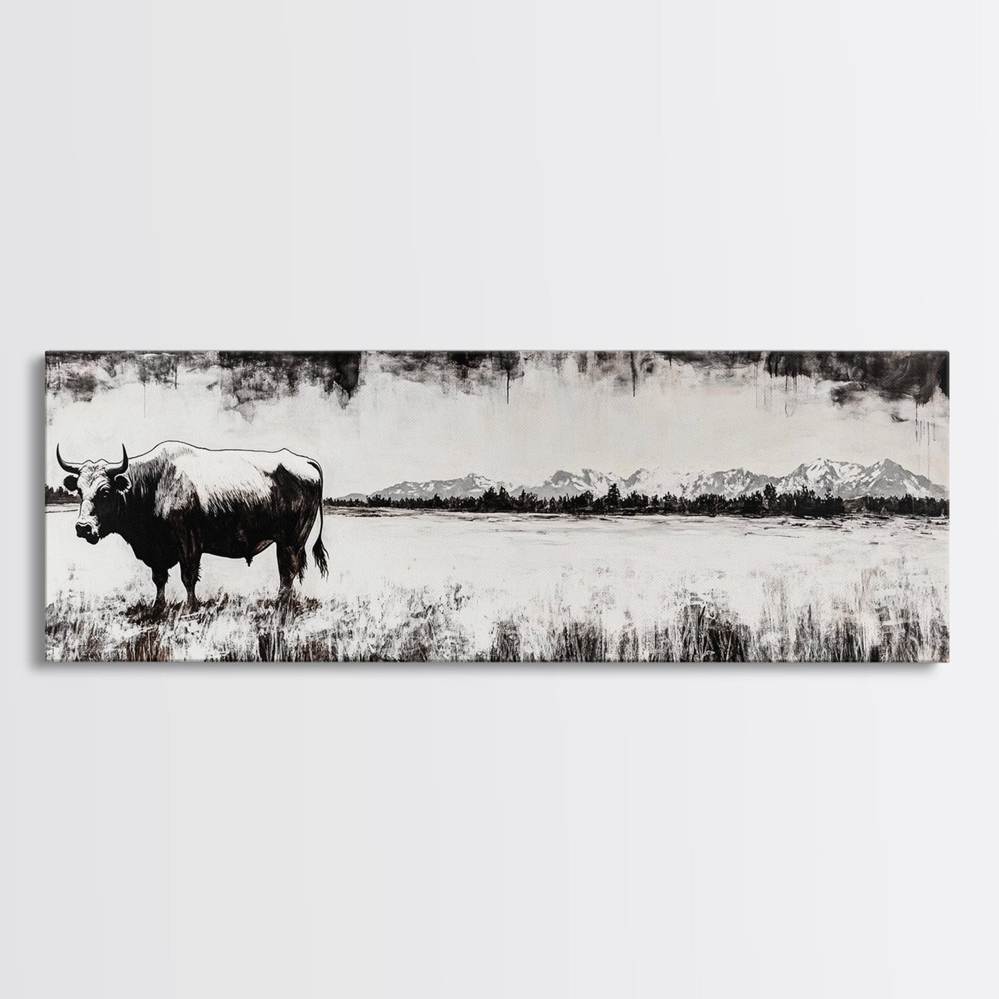 Bull and bear art, black and white painting, rustic wall art, farmhouse decor, extra wide art, framed canvas print, moody art, landscape painting