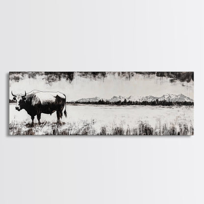 Bull and bear art, black and white painting, rustic wall art, farmhouse decor, extra wide art, framed canvas print, moody art, landscape painting