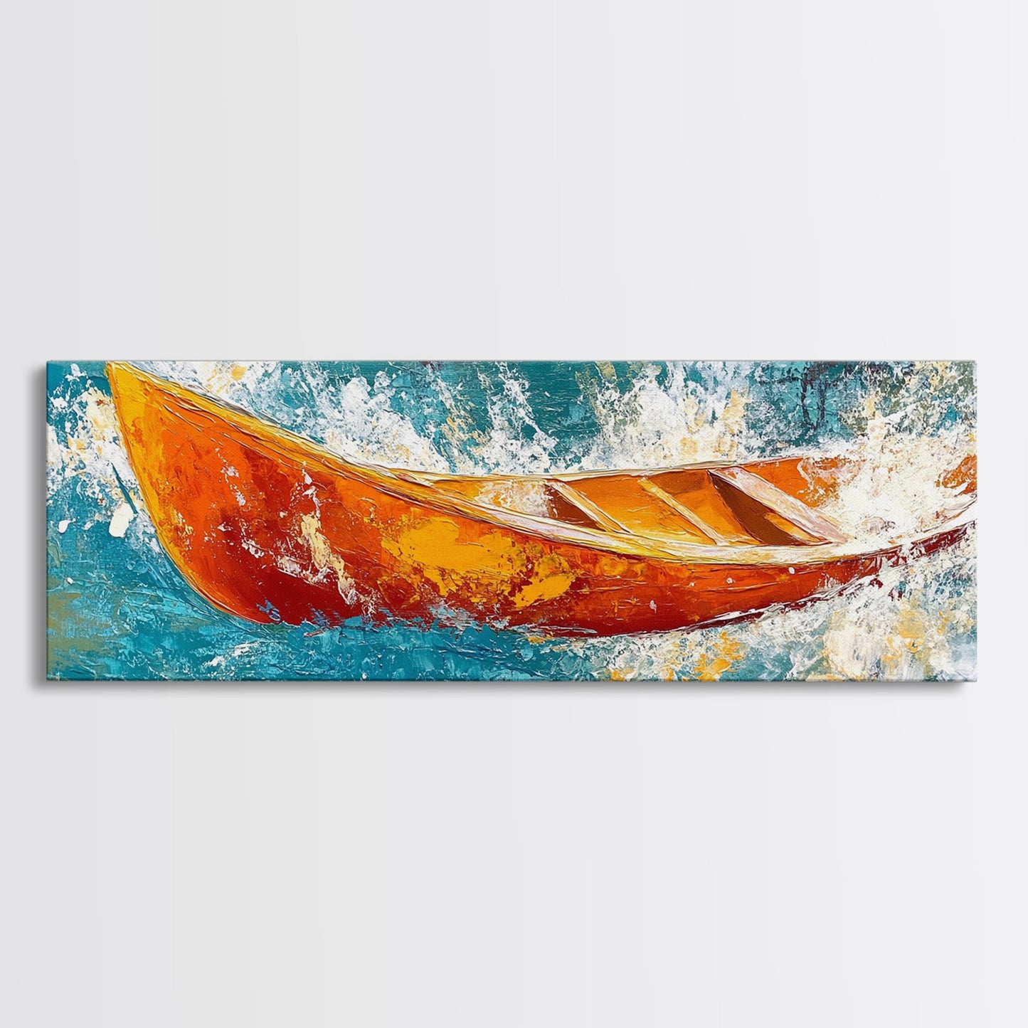 Boot in Wellen, Küstenwandbild, nautische Malerei, extra breites Querformatbild, Meeresdeko, Landhauskunst, gerahmter Leinwanddruck
