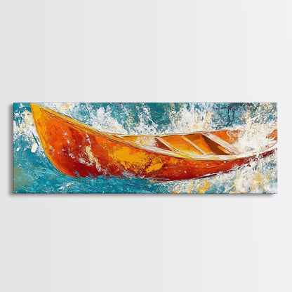 Boot in Wellen, Küstenwandbild, nautische Malerei, extra breites Querformatbild, Meeresdeko, Landhauskunst, gerahmter Leinwanddruck