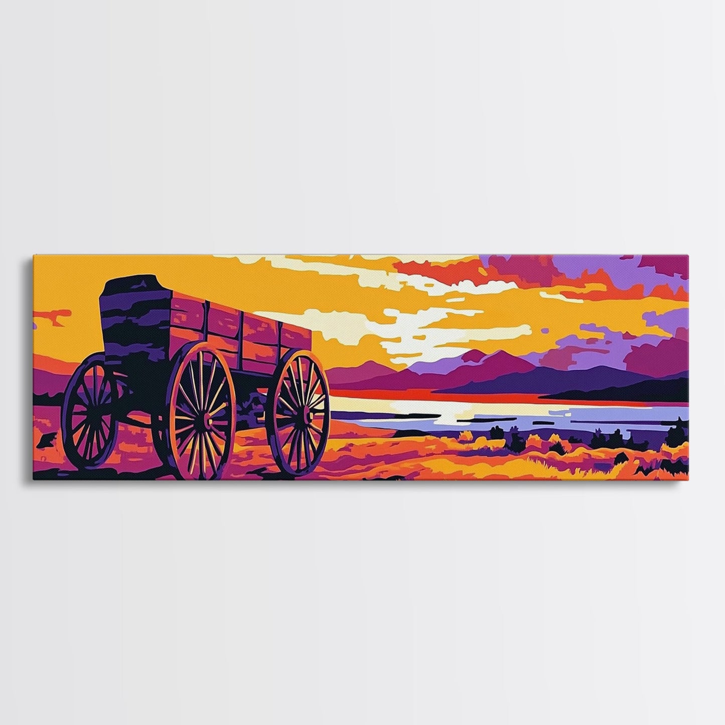 Seaside Wagon, nautical painting, coastal wall art, rustic beach decor, farmhouse art, extra wide panoramic art, framed canvas print