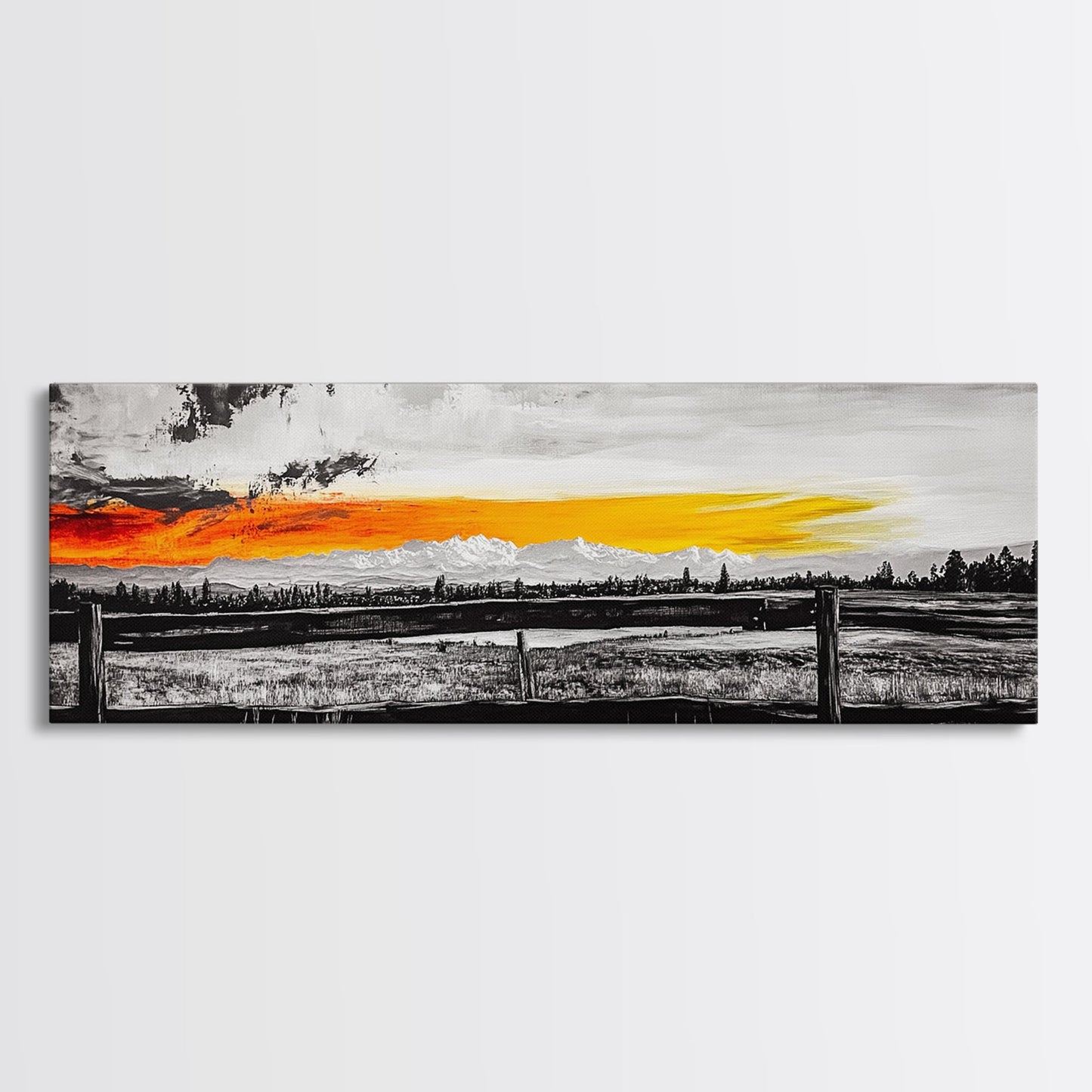Fence at Sunset, moody landscape art, Joshua tree art, smoky mountain painting, dark romance art, extra wide art, framed canvas print