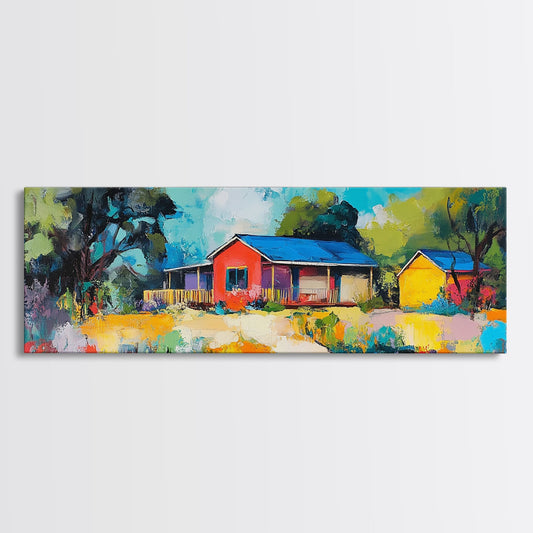 Colorful Ranch, abstract farmhouse art, vintage homestead painting, cottagecore wall art, panoramic art, framed canvas print