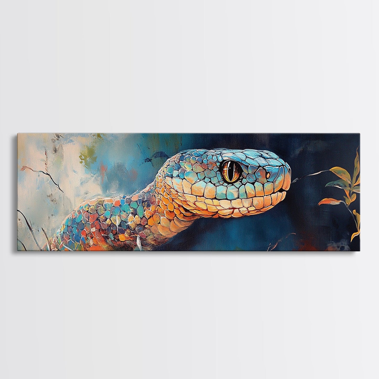 Vibrant Snake Painting, reptile wall art, wildlife decor, moody art, sacred geometry wall art, framed canvas print, extra wide art