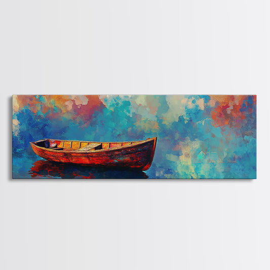 Colorful Boat Painting, coastal landscape art, nautical decor, seascape painting, vibrant wall art, framed canvas print, extra wide art