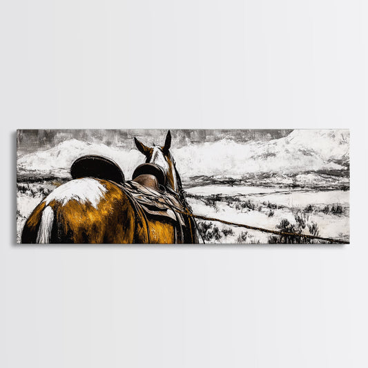 Western Horse Art, vintage horse art, rustic decor, cowboy wall art, mountain painting, farmhouse art, framed canvas print, moody art