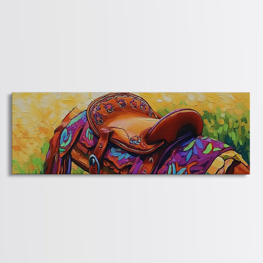 Colorful Saddle Painting, cowboy decor, vibrant rustic wall art, western style art, boho art, southwestern wall art, framed canvas print